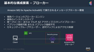 © 2021, Amazon Web Services, Inc. or its Affiliates.
基本的な構成要素 – ブローカー
• 複数バージョンのブローカーエンジン
• 複数のインスタンスタイプ
• 単一ブローカー または マルチ AZ アクティブ/スタンバイブローカー
• パブリック接続可能 または パブリック接続不可
• セキュリティグループやユーザー、認可マップによるアクセス制御
Amazon MQ for Apache ActiveMQ で実行されるメッセージブローカー環境
VPC
Security group
Amazon MQ
ブローカー
ENI
Client
 