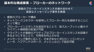 © 2021, Amazon Web Services, Inc. or its Affiliates.
基本的な構成要素 – ブローカーのネットワーク
• 複数のブローカーで構成
• ネットワークコネクターを使用してブローカー同士を接続することに
よって確立
• ブローカーインスタンスを追加することで、総スループットと最大ク
ライアント接続数の拡張が可能
• クライアントが複数のアクティブなブローカーインスタンスを認識で
きるようにすることで、可用性を向上させる
• メッセージング要件に応じて、さまざまなトポロジー (コンセント
レータ、ハブアンドスポーク、メッシュなど) で設定可能
複数のブローカーインスタンスを組み合わせて
高度なメッセージング要件を実現
 