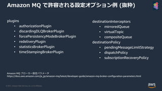 © 2021, Amazon Web Services, Inc. or its Affiliates.
Amazon MQ で許容される設定オプション例 (抜粋)
plugins
• authorizationPlugin
• discardingDLQBrokerPlugin
• forcePersistencyModeBrokerPlugin
• redeliveryPlugin
• statisticsBrokerPlugin
• timeStampingBrokerPlugin
destinationInterceptors
• mirroredQueue
• virtualTopic
• compositeQueue
destinationPolicy
• pendingMessageLimitStrategy
• dispatchPolicy
• subscriptionRecoveryPolicy
Amazon MQ ブローカー設定パラメータ
https://docs.aws.amazon.com/ja_jp/amazon-mq/latest/developer-guide/amazon-mq-broker-configuration-parameters.html
 