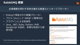 © 2021, Amazon Web Services, Inc. or its Affiliates.
RabbitMQ 概要
• Erlangで実装された軽量ブローカー
• プロトコルとして AMQP に標準対応
• プラグインによる拡張性
• Java, .NET, Ruby, Python, PHP,
JavaScript を始め、多様な言語から接
続可能
企業規模を問わず支持を集める軽量なメッセージブローカー
Clients Libraries and Developer Tools: https://www.rabbitmq.com/devtools.html
 
