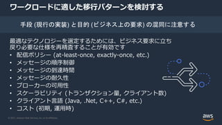 © 2021, Amazon Web Services, Inc. or its Affiliates.
ワークロードに適した移行パターンを検討する
最適なテクノロジーを選定するためには、ビジネス要求に立ち
戻り必要な仕様を再精査することが有効です
• 配信ポリシー (at-least-once, exactly-once, etc.)
• メッセージの順序制御
• メッセージの到達時間
• メッセージの耐久性
• ブローカーの可用性
• スケーラビリティ (トランザクション量, クライアント数)
• クライアント言語 (Java, .Net, C++, C#, etc.)
• コスト (初期, 運用時)
手段 (現行の実装) と目的 (ビジネス上の要求) の混同に注意する
 