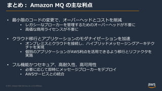 © 2021, Amazon Web Services, Inc. or its Affiliates.
まとめ： Amazon MQ の主な利点
• 最小限のコードの変更で、オーバーヘッドとコストを削減
• レガシーなブローカーを管理するためのオーバーヘッドが不要に
• 高価な商用ライセンスが不要に
• クラウド移行とアプリケーションのモダナイゼーションを加速
• オンプレミスとクラウドを接続し、ハイブリッドメッセージングアーキテク
チャを実現
• 個別のアプリケーションがAWS利点を活用できるよう移行とリファクタを
実施
• フル機能かつセキュア、高耐久性、高可用性
• 必要に応じて即時にメッセージブローカーをデプロイ
• AWSサービスとの統合
 