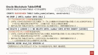 CREATE BLOCKCHAIN TABLE + 3つの必須句
Oracle Blockchain Tableの作成
Copyright © 2021 Oracle and/or its affiliates
10
CREATE BLOCKCHAIN TABLE table_name(columns, constraints)
NO DROP [ UNTIL number DAYS IDLE ]
NO DELETE [ LOCKED ] | NO DELETE UNTIL number DAYS AFTER INSERT [LOCKED]
HASHING USING sha2_512 VERSION v1
テーブルのDROPに対しての制約を記述する句。
• UNTIL n DAYS IDLEを付けておいた場合、テーブル上の最新の行がINSERT後n日経っていないとDROPできない
（→付けない場合は常にDROP不可）。nの最小は0（16以上の指定を推奨）。
• 後からALTER TABLEでUNTIL~~は付けられない＆nを減らせない（制約を緩められない）。
行のDELETEに対しての制約を記述する句。
• UNTIL n DAYS AFTER INSERTを付けておいた場合、INSERT後n日経っていないとDELETEできない
（→付けない場合は常にDELETE不可）。nの最小は16。
• 後からALTER TABLEでUNTIL~~は付けられない＆nを減らせない（制約を緩められない）。
• LOCKEDを付けておくとnを増やすことも不能。
利用するハッシュアルゴリズムとデータフォーマットを記述する句。現状、値は固定。
 