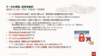 追記オンリーのテーブルで、不変なデータを保持
• テーブルのDROPの制約（前述の通りn日～無制限の保護期間を設定可能）
• テーブルDROPは行のINSERT前なら常に可能（誤ってテーブル作成した場合すぐなら消せる）
• 行のDELETEの制約（前述の通りn日～無制限の保持期間を設定可能）
• データ量を削減したい場合、適切な保持期間を設定しておいたうえで、
保持期間を過ぎた行を整合性を検証した上で（必要に応じて外部にアーカイブしつつ）削除する
• 保持期間を過ぎた行の一括削除用PL/SQLパッケージファンクション
DBMS_BLOCKCHAIN_TABLE.delete_expired_rows()
• 行のUPDATEとMERGEが不可
• テーブルのTRUNCATEが不可
• パーティションのDROPが不可
• カラムの追加、削除および名前変更が不可
• データ型の変更や一部の長さ、精度の変更、NULL制約変更も不可
• Blockchain Tableの通常のテーブルへの変換、およびその逆の変換は不可
データの削除、変更を制約
Copyright © 2021 Oracle and/or its affiliates
12
BLOCKCHAIN
 