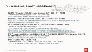 • 【公式ブログ】Blockchain TableによるOracle Databaseのコンバージドデータベースの拡張
…Blockchain Tableの技術的な特長およびユースケースの紹介記事
https://blogs.oracle.com/oracle4engineer/blockchain-table
• 【公式ドキュメント】 Oracle Database 21cドキュメントのBlockchain Tableについての箇所
https://docs.oracle.com/en/database/oracle/oracle-database/21/admin/managing-tables.html#GUID-
43470B0C-DE4A-4640-9278-B066901C3926
• 【ブログ】Oracle CloudでOracle Database 20c(プレビュー)のBlockchain Tableを使ってみた話
…Blockchain Tableを作成し、基本的な操作をテスト
https://miyacle.com/2020/07/oracle-cloud%E3%81%A7oracle-database-
20c%E3%83%97%E3%83%AC%E3%83%93%E3%83%A5%E3%83%BC%E3%81%AEblockchain-
table%E3%82%92%E4%BD%BF%E3%81%A3%E3%81%A6%E3%81%BF%E3%81%9F%E8%A9%B1/
• 【ブログ】Oracle CloudのAlways FreeのATPのAPEXを使って作った我が家の体重管理アプリを、Blockchain Tablesで改
ざんできないようにした…Blockchain Tableを作成し、APEXで操作
https://qiita.com/maato/items/4a43841132074aa35d81
• 【ブログ】21cのブロックチェーン 表を使ってみる
…Blockchain TableにネイティブJSON型（21cで追加）でデータを保存し、APEXから表示
https://apexugj.blogspot.com/2020/12/blockchain-table-with-json.html
Oracle Blockchain Tableについての参考Webサイト
Copyright © 2021 Oracle and/or its affiliates
23
 