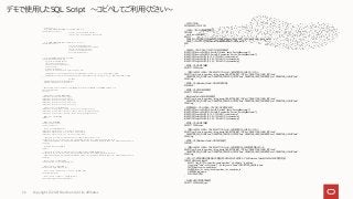 Copyright © 2021 Oracle and/or its affiliates
26
-- exhibition スキーマ
-- システムの操作内容が記録される通常のテーブルを作成（操作マスター）
CREATE TABLE operations (
operation_id number(10) PRIMARY KEY,
operation_name varchar2(50) NOT NULL UNIQUE
);
-- ユーザーの情報が記録される通常のテーブルを作成（ユーザーマスター）
CREATE TABLE users (
user_id number(10) PRIMARY KEY,
user_name varchar2(30) NOT NULL UNIQUE,
last_name varchar2(30) NOT NULL,
first_name varchar2(30) NOT NULL,
mail varchar2(60) NOT NULL
);
-- システムのログを記録するBlockchain Tableを作成
CREATE BLOCKCHAIN TABLE logs (
log_id number(30) PRIMARY KEY,
user_id number(10) NOT NULL,
operation_id number(10) NOT NULL,
error number(10),
ip_address varchar2(20),
log_stamp timestamp DEFAULT systimestamp NOT NULL,
CONSTRAINT user_id_fk FOREIGN KEY(user_id) REFERENCES users(user_id), -- ユーザーIDに対して外部キーを指定
CONSTRAINT operation_id_fk FOREIGN KEY(operation_id) REFERENCES operations(operation_id) -- 操作IDに対して外部キーを指定
)
NO DROP
NO DELETE UNTIL 365 DAYS AFTER INSERT
HASHING USING "SHA2_512" VERSION "v1"
;
-- 隠しカラムの表示をONにしてからLOGSテーブル定義を表示→Blockchain Table特有の隠しカラムが自動的に作成されている
SET COLINVISIBLE ON;
DESC logs;
-- OPERATIONSテーブルに操作情報をINSERT
INSERT INTO operations VALUES (1, 'login');
INSERT INTO operations VALUES (2, 'logout');
INSERT INTO operations VALUES (3, 'add_user');
INSERT INTO operations VALUES (4, 'delete_user');
INSERT INTO operations VALUES (5, 'insert_data');
-- USERSテーブルにユーザー情報をINSERT
INSERT INTO users VALUES (1, 'tanaka01', 'tanaka', 'tarou', 'tarou@demo.mail');
INSERT INTO users VALUES (2, 'hanako02', 'yamada', 'hanako', 'hanako@demo.mail');
INSERT INTO users VALUES (3, 'hiroshi03', 'suzuki', 'hiroshi', 'hiroshi@demo.mail');
-- 通常テーブルへのINSERTを確定
COMMIT;
-- 通常テーブルのINSERT確認
SELECT * FROM operations;
SELECT * FROM users;
-- LOGSテーブルにログ情報をINSERT
INSERT INTO logs VALUES (1, 1, 1, 0, '192.168.1.1', systimestamp);
INSERT INTO logs VALUES (2, 2, 1, 0, '192.168.1.2', systimestamp);
INSERT INTO logs VALUES (3, 2, 5, 0, '192.168.1.2', systimestamp);
-- （隠しカラム含め）LOGSテーブルをSELECTしてみる→ハッシュ値などの隠しカラムはまだ入っていない
SELECT log_id, user_id, operation_id, log_stamp, ORABCTAB_INST_ID$ "inst", ORABCTAB_CHAIN_ID$ "chain",
ORABCTAB_SEQ_NUM$ "seq", ORABCTAB_CREATION_TIME$ "time", ORABCTAB_USER_NUMBER$ "user", ORABCTAB_HASH$ "hash"
FROM logs;
-- Blockchain Tableへのinsertを確定
COMMIT;
-- （隠しカラム含め）LOGSテーブルをSELECTしてみる→ハッシュ値などの隠しカラムが自動的に埋められている
SELECT log_id, user_id, operation_id, log_stamp, ORABCTAB_INST_ID$ "inst", ORABCTAB_CHAIN_ID$ "chain",
ORABCTAB_SEQ_NUM$ "seq", ORABCTAB_CREATION_TIME$ "time", ORABCTAB_USER_NUMBER$ "user", ORABCTAB_HASH$ "hash"
FROM logs;
-- LOGSテーブルに対してUPDATEを試す
UPDATE logs SET user_id = 2 WHERE log_id = 1;
-- LOGSテーブルに対してDELETEを試す
DELETE FROM logs WHERE user_id = 1;
-- LOGSテーブルに対してTRUNCATE（テーブル上のデータ全削除）を試す
TRUNCATE TABLE logs;
-- LOGSテーブルに対してDROP（テーブルごと削除）を試す
DROP TABLE logs CASCADE CONSTRAINTS;
-- OUTPUTをON
SET SERVEROUTPUT ON;
-- LOGSテーブルの行の整合性を検証
DECLARE
verify_rows NUMBER;
BEGIN
DBMS_BLOCKCHAIN_TABLE.VERIFY_ROWS('exhibition','logs', NULL, NULL, NULL, NULL, verify_rows);
DBMS_OUTPUT.PUT_LINE('Number of rows verified = '|| verify_rows);
END;
/
-- USERSテーブルとLOGSテーブルに対して行を追加INSERT
INSERT INTO users VALUES (4, 'kenta04', 'maeda', 'kenta', 'kenta@demo.mail');
INSERT INTO users VALUES (5, 'haruka05', 'yamamoto', 'haruka', 'haruka@demo.mail');
INSERT INTO logs VALUES (4, 1, 3, 0, '192.168.1.1', systimestamp);
INSERT INTO logs VALUES (5, 3, 3, 0, '192.168.1.10', systimestamp);
INSERT INTO logs VALUES (6, 3, 5, 0, '192.168.1.10', systimestamp);
-- 通常テーブルのINSERT確認
SELECT * FROM users;
-- （隠しカラム含め）LOGSテーブルをSELECTしてみる→ハッシュ値などの隠しカラムはまだ入っていない
SELECT log_id, user_id, operation_id, log_stamp, ORABCTAB_INST_ID$ "inst", ORABCTAB_CHAIN_ID$ "chain",
ORABCTAB_SEQ_NUM$ "seq", ORABCTAB_CREATION_TIME$ "time", ORABCTAB_USER_NUMBER$ "user", ORABCTAB_HASH$ "hash"
FROM logs;
-- 通常テーブルとBlockchain TableへのINSERTを取り消し
ROLLBACK;
-- 通常テーブルのROLLBACK確認
SELECT * FROM users;
-- Blockchain TableのROLLBACK確認
SELECT log_id, user_id, operation_id, log_stamp, ORABCTAB_INST_ID$ "inst", ORABCTAB_CHAIN_ID$ "chain",
ORABCTAB_SEQ_NUM$ "seq", ORABCTAB_CREATION_TIME$ "time", ORABCTAB_USER_NUMBER$ "user", ORABCTAB_HASH$ "hash"
FROM logs;
-- 再度USERSテーブルとLOGSテーブルに対して行を追加INSERT
INSERT INTO users VALUES (4, 'kenta04', 'maeda', 'kenta', 'kenta@demo.mail');
INSERT INTO users VALUES (5, 'haruka05', 'yamamoto', 'haruka', 'haruka@demo.mail');
INSERT INTO logs VALUES (4, 1, 3, 0, '192.168.1.1', systimestamp);
INSERT INTO logs VALUES (5, 3, 3, 0, '192.168.1.10', systimestamp);
INSERT INTO logs VALUES (6, 3, 5, 0, '192.168.1.10', systimestamp);
-- 通常テーブルのINSERT確認
SELECT * FROM users;
-- （隠しカラム含め）LOGSテーブルをSELECTしてみる→ハッシュ値などの隠しカラムはまだ入っていない
SELECT log_id, user_id, operation_id, log_stamp, ORABCTAB_INST_ID$ "inst", ORABCTAB_CHAIN_ID$ "chain",
ORABCTAB_SEQ_NUM$ "seq", ORABCTAB_CREATION_TIME$ "time", ORABCTAB_USER_NUMBER$ "user", ORABCTAB_HASH$ "hash"
FROM logs;
-- 通常テーブルとBlockchain TableへのINSERTを確定
COMMIT;
-- （隠しカラム含め）LOGSテーブルをSELECTしてみる→ハッシュ値などの隠しカラムが自動的に埋められている
SELECT log_id, user_id, operation_id, log_stamp, ORABCTAB_INST_ID$ "inst", ORABCTAB_CHAIN_ID$ "chain",
ORABCTAB_SEQ_NUM$ "seq", ORABCTAB_CREATION_TIME$ "time", ORABCTAB_USER_NUMBER$ "user", ORABCTAB_HASH$ "hash"
FROM logs;
-- ログのユーザー情報と操作内容を表示する監査ログのVIEWを作成…通常のテーブルとBlockchain TableをJOINしたVIEWの利用が可能
CREATE VIEW audit_logs AS
SELECT l.log_id "ID", o.operation_name "operation", l.ip_address "ip_address",
l.log_stamp "time", u.first_name || '.' || u.last_name "name", l.ORABCTAB_HASH$ as hash
FROM logs l, users u, operations o
WHERE l.user_id = u.user_id and l.operation_id = o.operation_id
ORDER BY log_stamp
WITH READ ONLY
;
-- 作成したVIEWで監査ログを確認
SELECT * FROM audit_logs;
デモで使用したSQL Script ～コピペしてご利用ください～
 