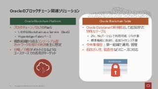 • ブロックチェーン／DLTのPaaS
• いわゆるBlockchain as a Service（BaaS）
• Hyperledger Fabricベース
• 複数組織から成るコンソーシアム型
ネットワーク形態での利用を主に想定
• 分権／分散がメリットとなるような
ユースケースでの活用がターゲット
• Oracle Databaseの新機能として追加された
特殊なテーブル
• 21c、19cバージョンで利用可能（パッチ要
• 標準機能に含まれ、追加ライセンス不要
• 中央集権型：単一組織で運用、管理
• 耐改ざん性、監査性などのニーズに対応
Oracleのブロックチェーン関連ソリューション
Copyright © 2021 Oracle and/or its affiliates
5
BLOCKCHAIN
Oracle Blockchain Platform Oracle Blockchain Table
 