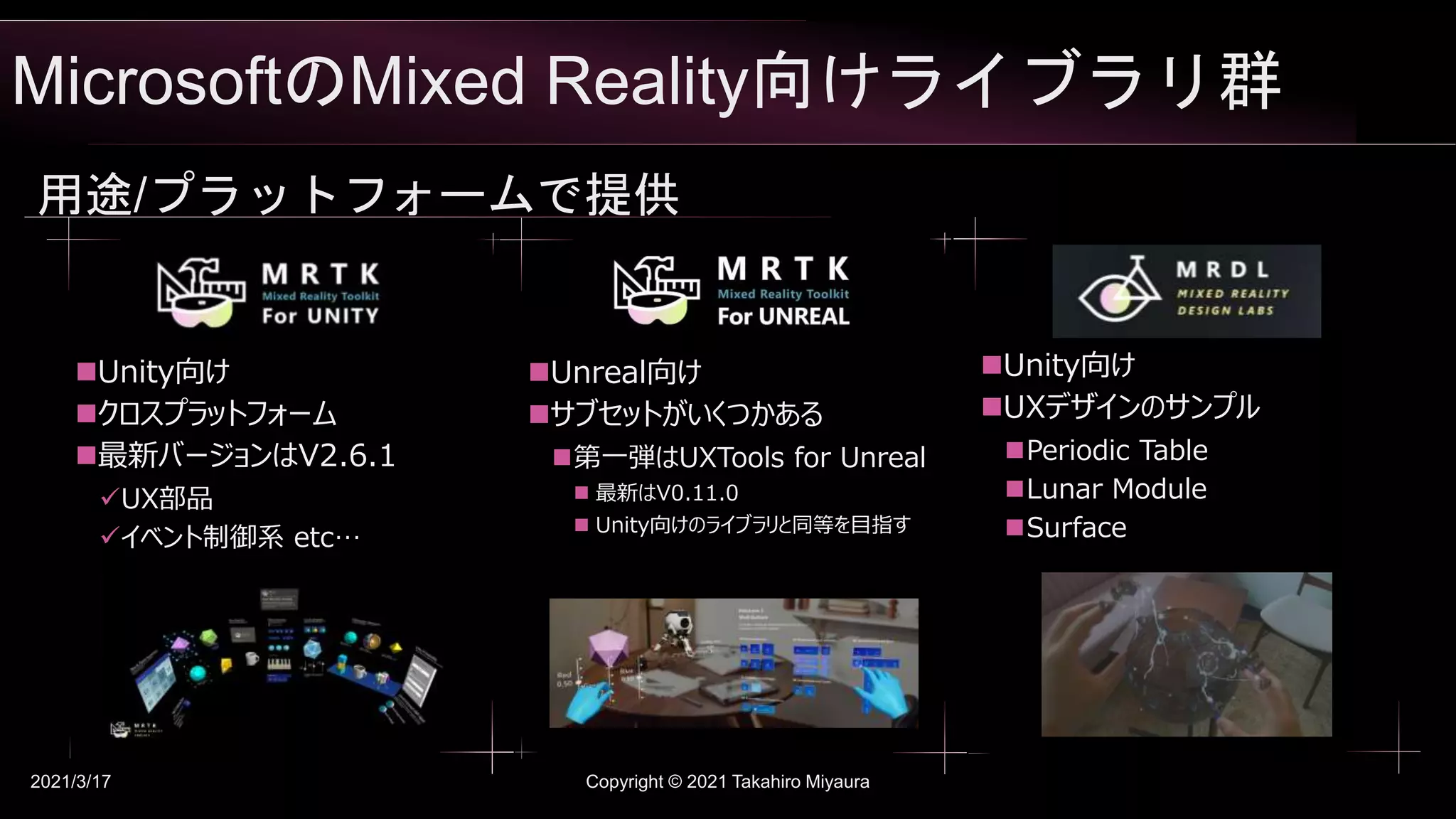MicrosoftのMixed Reality向けライブラリ群
2021/3/17 Copyright © 2021 Takahiro Miyaura
用途/プラットフォームで提供
Unity向け
クロスプラットフォーム
最新バージョンはV2.6.1
UX部品
イベント制御系 etc…
Unity向け
UXデザインのサンプル
Periodic Table
Lunar Module
Surface
Unreal向け
サブセットがいくつかある
第一弾はUXTools for Unreal
 最新はV0.11.0
 Unity向けのライブラリと同等を目指す
 