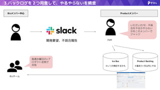 3.バックログを２つ用意して、やるやらないを精査
Bizメンバー中心 Productメンバー
PdM
Ice Box
※いつか検討するかも
Product Backlog
※基本3ヶ月以内にやる
Bizチーム
毎週水曜日の×プ
ロダクト定例で
共有
いただいたFB・不具
合をやるかやらない
かをこのメンバーで
ジャッジ
開発要望、不具合報告
 