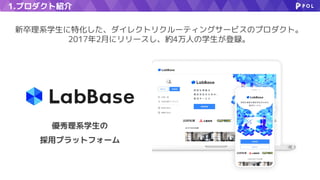 1.プロダクト紹介
優秀理系学生の
採用プラットフォーム
新卒理系学生に特化した、ダイレクトリクルーティングサービスのプロダクト。
2017年2月にリリースし、約4万人の学生が登録。
 