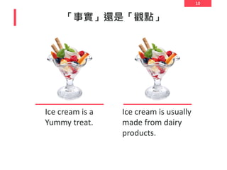 10
「事實」還是「觀點」
Ice cream is a
Yummy treat.
Ice cream is usually
made from dairy
products.
 