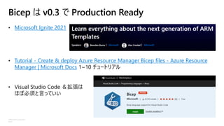 ©Microsoft Corporation
Azure
• Microsoft Ignite 2021
• Tutorial - Create & deploy Azure Resource Manager Bicep files - Azure Resource
Manager | Microsoft Docs 1~10 チュートリアル
• Visual Studio Code ＆拡張は
ほぼ必須と言っていい
Bicep は v0.3 で Production Ready
 
