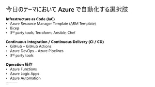 ©Microsoft Corporation
Azure
今日のテーマにおいて Azure で自動化する選択肢
Infrastructure as Code (IaC)
• Azure Resource Manager Template (ARM Template)
• Bicep
• 3rd party tools; Terraform, Ansible, Chef
Continuous Integration / Continuous Delivery (CI / CD)
• GitHub – GitHub Actions
• Azure DevOps – Azure Pipelines
• 3rd party tools
Operation 操作
• Azure Functions
• Azure Logic Apps
• Azure Automation
 