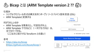 ©Microsoft Corporation
Azure
仕組み
• シンプルでモジュール形式の構文を持つオープン ソース ドメイン固有言語 (DSL)
• ARM Templateに変換する
何がうれしいのか
• ARM Template を簡素化し、可読性が向上
• ARM Template でできること（＝何でもできる）は、
全てカバーできる。
（ここは次に紹介する Terraform との違い）
参考
• https://aka.ms/bicep
(https://github.com/Azure/bicep )
Azure Resource Manager
ARC K8s GitHub
…
+250 RPs
Storage
Compute
Network
Identity
…
3rd party
extensibility
ARM Templates
Bicep
Language
bicep build
az deployment group create
💪 Bicep とは (ARM Template version 2 ?? 🤔)
 