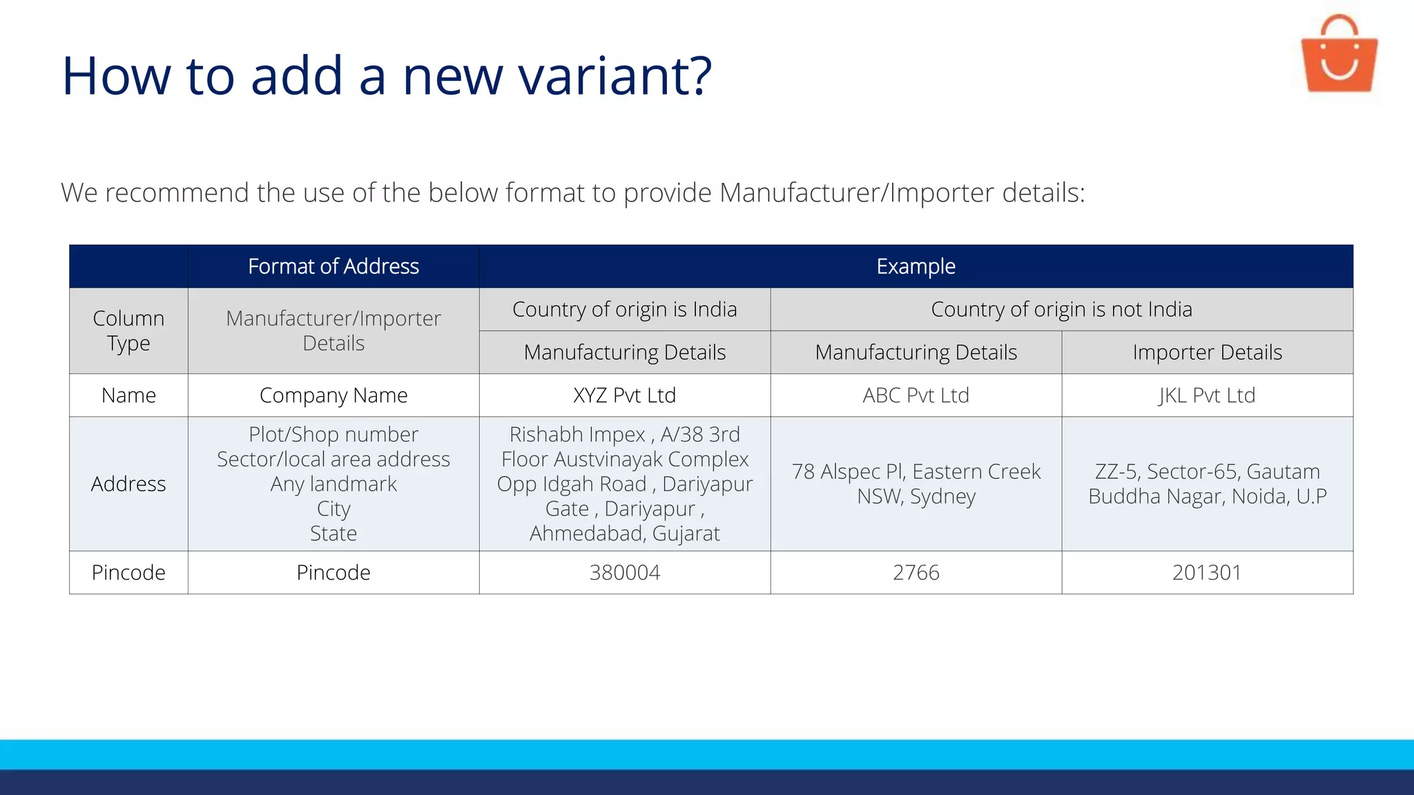 Format of Address Example
Column
Type
Manufacturer/Importer
Details
Country of origin is India Country of origin is not India
Manufacturing Details Manufacturing Details Importer Details
Name Company Name XYZ Pvt Ltd ABC Pvt Ltd JKL Pvt Ltd
Address
Plot/Shop number
Sector/local area address
Any landmark
City
State
Rishabh Impex , A/38 3rd
Floor Austvinayak Complex
Opp Idgah Road , Dariyapur
Gate , Dariyapur ,
Ahmedabad, Gujarat
78 Alspec Pl, Eastern Creek
NSW, Sydney
ZZ-5, Sector-65, Gautam
Buddha Nagar, Noida, U.P
Pincode Pincode 380004 2766 201301
We recommend the use of the below format to provide Manufacturer/Importer details:
How to add a new variant?
 