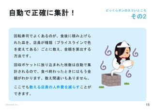 ©Astrolab Inc. 15
回転寿司でよくあるのが、食後に積み上げら
れた皿を、店員が種類（プライスラインで色
を変えてある）ごとに数え、金額を算出する
方法です。
回収ポケットに放り込まれた枚数は自動で集
計されるので、食べ終わったときにはもう金
額がわかります。数え間違いもありません。
ここでも数える店員の人件費を減らすことが
できます。
自動で正確に集計！
ビッくらポンのスゴいところ
その2
 