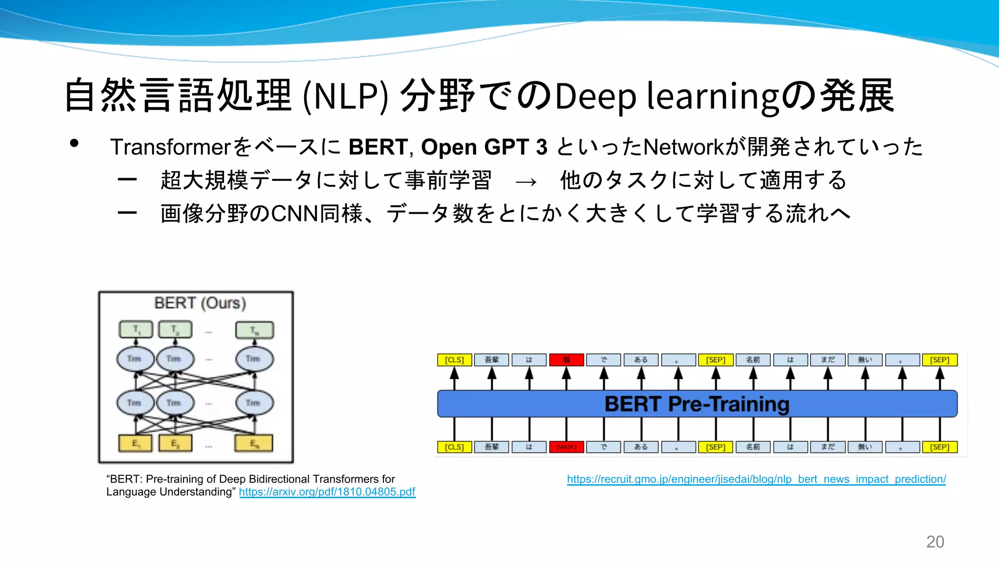 自然言語処理 (NLP) 分野でのDeep learningの発展
• Transformerをベースに BERT, Open GPT 3 といったNetworkが開発されていった
– 超大規模データに対して事前学習 → 他のタスクに対して適用する
– 画像分野のCNN同様、データ数をとにかく大きくして学習する流れへ
20
https://recruit.gmo.jp/engineer/jisedai/blog/nlp_bert_news_impact_prediction/
“BERT: Pre-training of Deep Bidirectional Transformers for
Language Understanding” https://arxiv.org/pdf/1810.04805.pdf
 