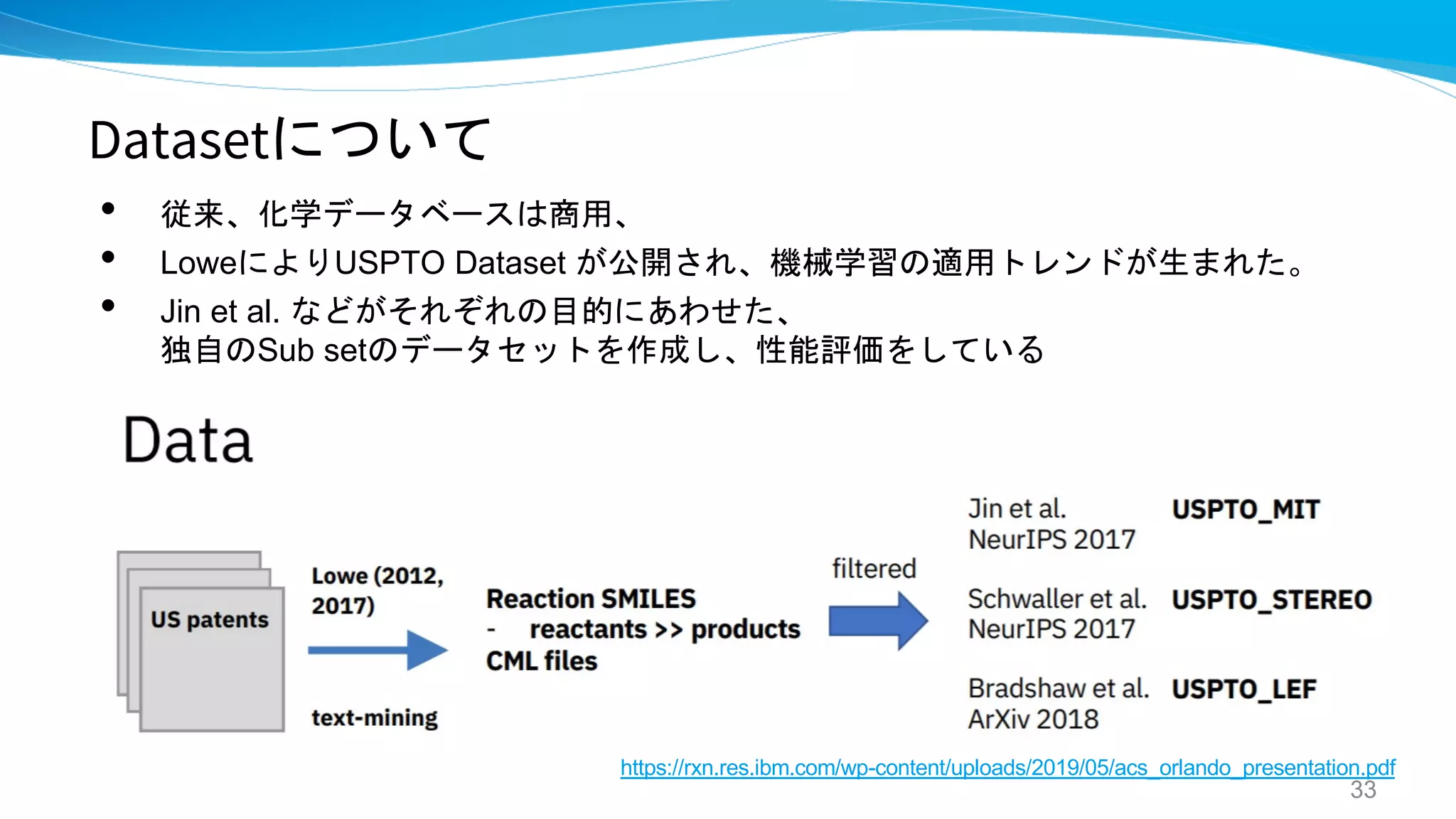 Datasetについて
• 従来、化学データベースは商用、
• LoweによりUSPTO Dataset が公開され、機械学習の適用トレンドが生まれた。
• Jin et al. などがそれぞれの目的にあわせた、
独自のSub setのデータセットを作成し、性能評価をしている
33
https://rxn.res.ibm.com/wp-content/uploads/2019/05/acs_orlando_presentation.pdf
 