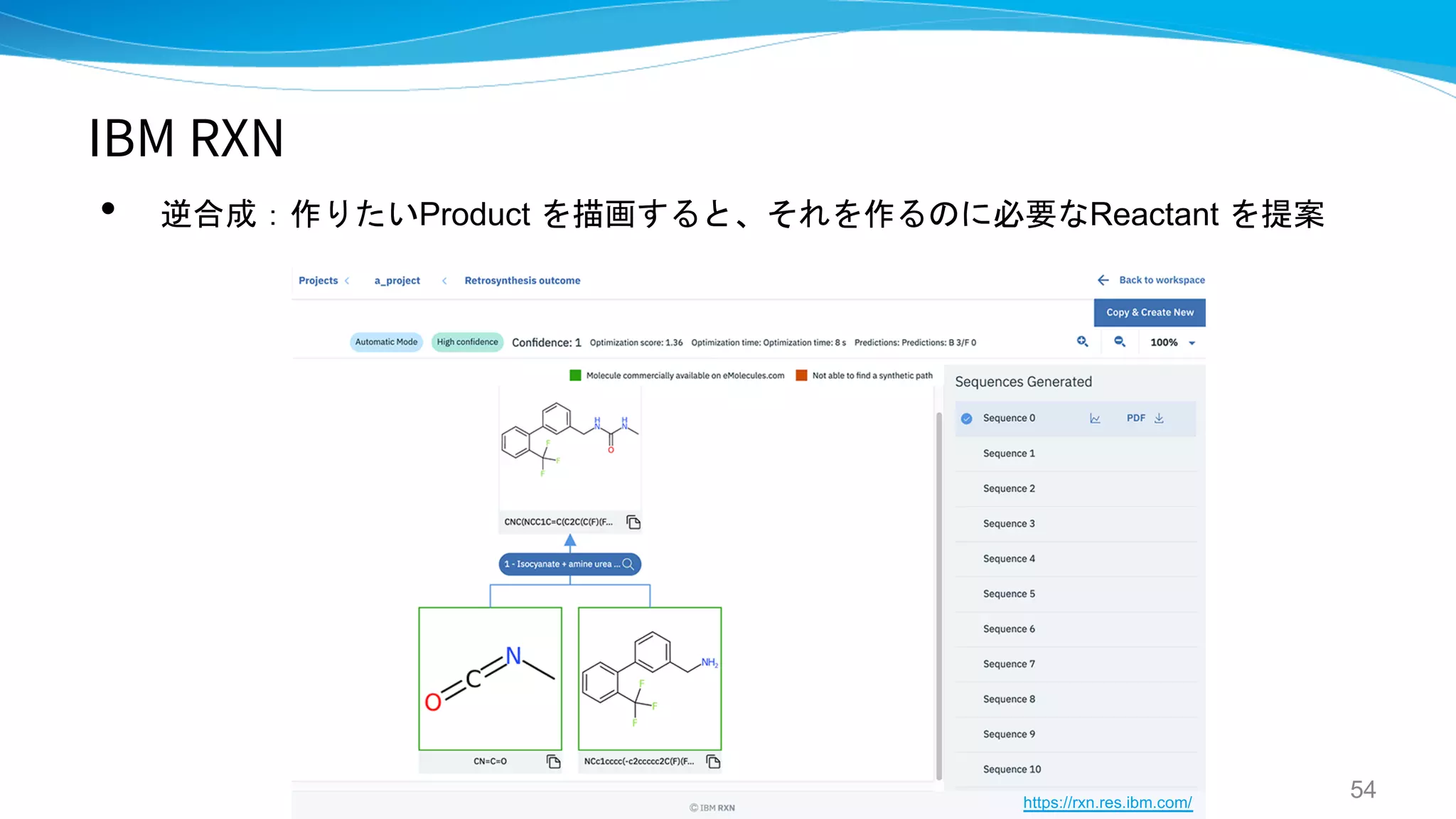 IBM RXN
• 逆合成：作りたいProduct を描画すると、それを作るのに必要なReactant を提案
54
https://rxn.res.ibm.com/
 