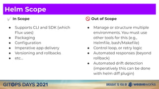 ✅ In Scope
● Supports CLI and SDK (which
Flux uses)
● Packaging
● Conﬁguration
● Imperative app delivery
● Versioning and rollbacks
● etc…
🚫 Out of Scope
● Manage or structure multiple
environments. You must use
other tools for this (e.g.,
Helmﬁle, bash/Makeﬁle)
● Control loop, or retry logic
● Automated responses (beyond
rollback)
● Automated drift detection
(imperatively this can be done
with helm diff plugin)
Helm Scope
 