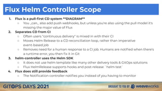 1. Flux is a pull-ﬁrst CD system **DIAGRAM**
○ You _can_ also add push webhooks, but unless you're also using the pull model it's
missing the major value of Flux
2. Separates CD from CI
○ Often users "continuous delivery" is mixed in with their CI
○ Moves Helm Release to a CD reconciliation loop, rather than imperative
event-based job
○ Removes need for a human response to a CI job. Humans are notiﬁed when there's
a runtime error, you then ﬁx it in Git
3. helm-controller uses the Helm SDK
○ It does not use helm template like many other delivery tools & GitOps solutions
○ Flux HelmRelease supports hooks and post-release `helm test`
4. Flux does still provide feedback
○ The Notiﬁcation controller notiﬁes you instead of you having to monitor
Flux Helm Controller Scope
 