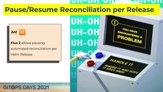 Pause/Resume Reconciliation per Release
🚧 ⏸
Flux 2 allows pausing
automated reconciliation per
Helm Release
 
