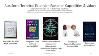 IA as Socio-Technical Extension Factor on Capabilities & Values
IA (human values) is not AI (technology capability)
Difference 1: IA leads to more capable people even when scaffold removed
Difference 2: IA leads to more responsible people to use wisely the capabilities
4/22/2021 (c) IBM MAP COG .| 37
Superminds
Malone (2018)
Things that Make
Us Smart
Norman (1994)
Worldboard
Augmented Perception
Spohrer (1999)
Bicycles for the Mind
Kay & Jobs (1984)
Techno-Extension Factor
Measurement
& Accelerating
Socio-Technical Design Loop
Kline (1996)
 