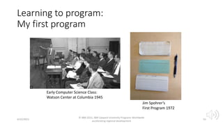 Learning to program:
My first program
4/22/2021
© IBM 2015, IBM Upward University Programs Worldwide
accelerating regional development
55
Early Computer Science Class:
Watson Center at Columbia 1945
Jim Spohrer’s
First Program 1972
 