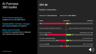 IBM AI
Explain a transaction
Deployment: Claim Approval Model name: Claim Model
AI Fairness
360 toolkit
Trust and transparency
integral to AI on the IBM Cloud
Explainability, fairness, lineage
are critical principles of trusted AI
Open source toolkit
to check for unwanted bias in datasets
and machine learning models
© 2019 IBM Corporation 82
DENIED APPROVED
CONFIDENCE
90% 10%
POLICY HOLDER AGE: 18 RESPONSIBLE PARTY: Self
CAR BRAND: Oldsmobile Cutlass POLICE REPORT: Yes
CAR VALUE: $20,000 POLICY AGE: 5 Years
65% 17%
23% 13%
13% 5%
Factors contributing to a DENIED confidence level Factors contributing to an APPROVED confidence level
 