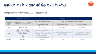 एक-एक करक
े प्रोडक्ट को ऐड करने क
े स्टेप्स
नीचे लदए गए फॉमेट में मैन्युफ
ै क्चरर/Importer लडटेल्स एं टर करें:
Format of Address Example
कॉलम का
टाइप
मैन्युफ
ै क्चरर/Importer लडटेल्स
क
ं टरी ऑफ़ ओररलजन : इंलडया क
ं टरी ऑफ़ ओररलजन : इंलडया क
े अलावा
मैन्युफ
ै क्चरर लडटेल्स मैन्युफ
ै क्चरर लडटेल्स Importer लडटेल्स
नाम क
ं पनी का नाम XYZ Pvt Ltd ABC Pvt Ltd JKL Pvt Ltd
पता
प्लॉट / दुकान का नंबर
सेक्टर / local area का पता
कोई भी लैंडमाक
ण
शहर
राज्य
Rishabh Impex , A/38 3rd
Floor Austvinayak Complex
Opp Idgah Road , Dariyapur
Gate , Dariyapur ,
Ahmedabad, Gujarat
78 Alspec Pl, Eastern Creek
NSW, Sydney
ZZ-5, Sector-65, Gautam
Buddha Nagar, Noida, U.P
लपन कोड लपन कोड 380004 2766 201301
 