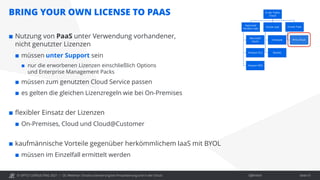 © OPITZ CONSULTING 2021 / Öffentlich
BRING YOUR OWN LICENSE TO PAAS
OC Webinar: Oracle-Lizenzierung bei Virtualisierung und in der Cloud Seite 51
 Nutzung von PaaS unter Verwendung vorhandener,
nicht genutzter Lizenzen
 müssen unter Support sein
 nur die erworbenen Lizenzen einschließlich Options
und Enterprise Management Packs
 müssen zum genutzten Cloud Service passen
 es gelten die gleichen Lizenzregeln wie bei On-Premises
 flexibler Einsatz der Lizenzen
 On-Premises, Cloud und Cloud@Customer
 kaufmännische Vorteile gegenüber herkömmlichem IaaS mit BYOL
 müssen im Einzelfall ermittelt werden
 