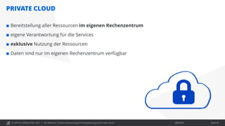 © OPITZ CONSULTING 2021 / Öffentlich
PRIVATE CLOUD
OC Webinar: Oracle-Lizenzierung bei Virtualisierung und in der Cloud Seite 55
 Bereitstellung aller Ressourcen im eigenen Rechenzentrum
 eigene Verantwortung für die Services
 exklusive Nutzung der Ressourcen
 Daten sind nur im eigenen Rechenzentrum verfügbar
 