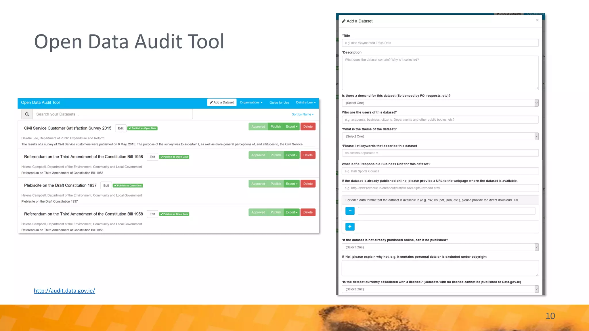 Open Data Audit Tool
10
http://audit.data.gov.ie/
 