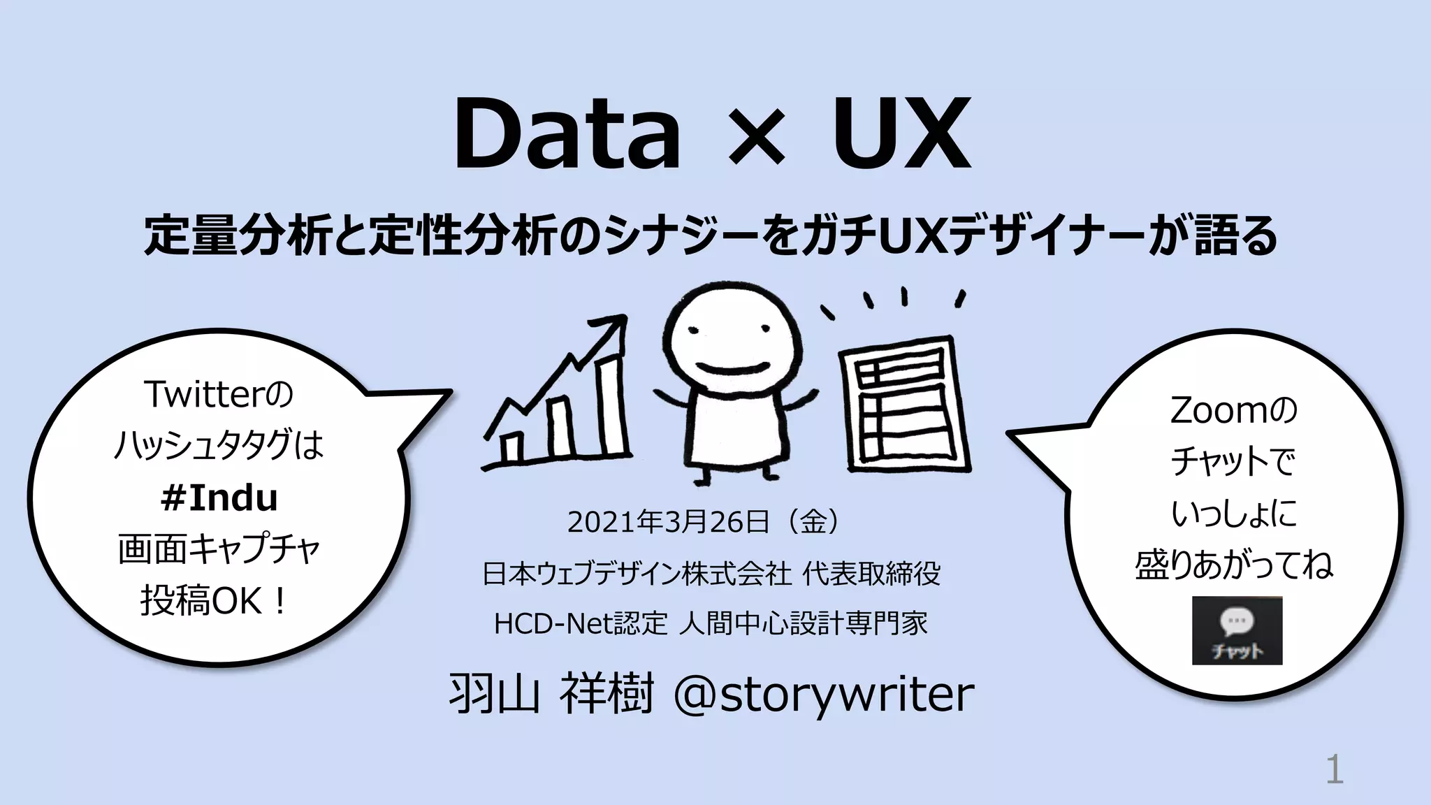 Data × UX
定量分析と定性分析のシナジーをガチUXデザイナーが語る
2021年3⽉26⽇（⾦）
⽇本ウェブデザイン株式会社 代表取締役
HCD-Net認定 ⼈間中⼼設計専⾨家
⽻⼭ 祥樹 @storywriter
1
Zoomの
チャットで
いっしょに
盛りあがってね
Twitterの
ハッシュタタグは
#Indu
画⾯キャプチャ
投稿OK︕
 