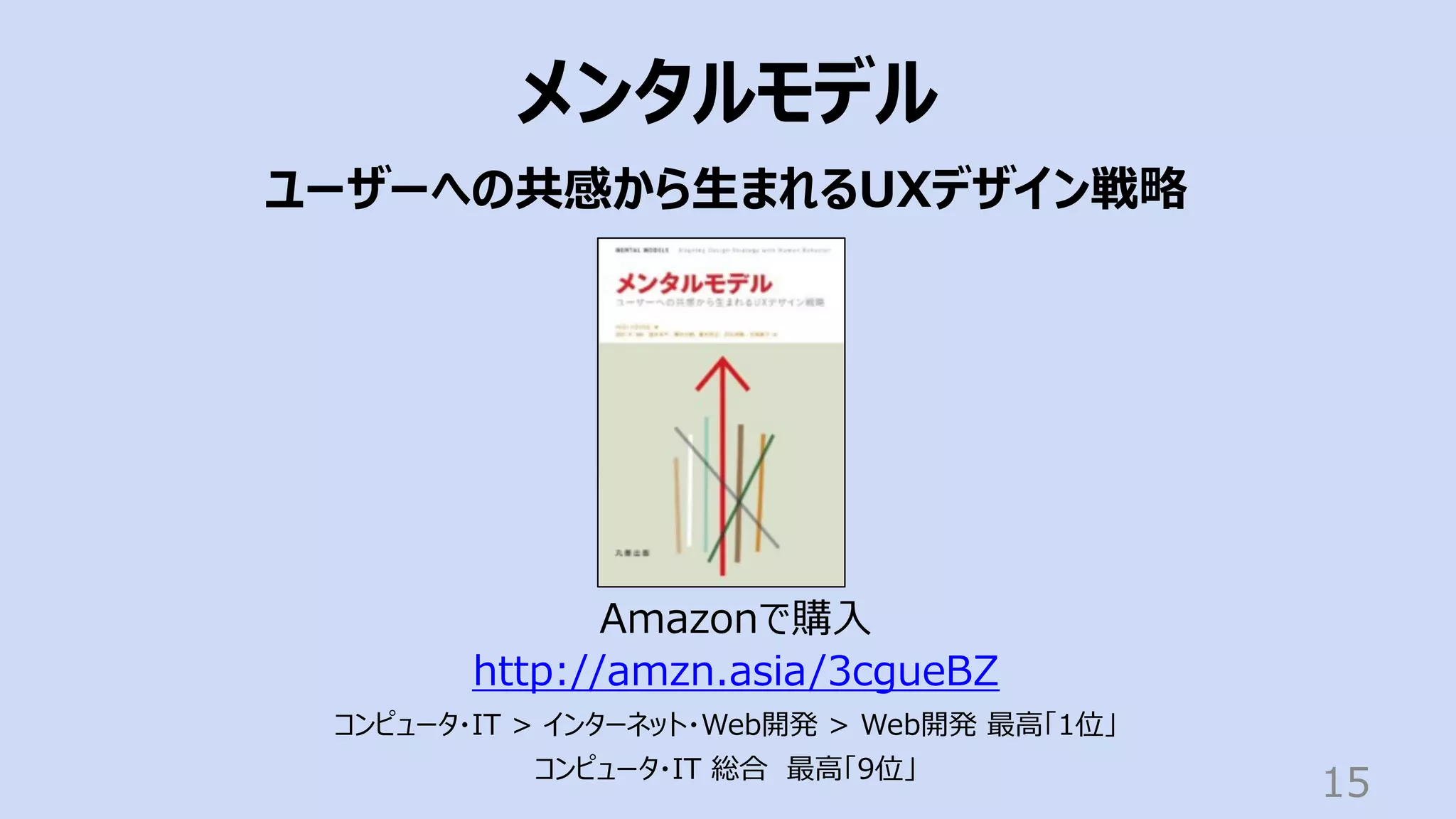 15
メンタルモデル
ユーザーへの共感から⽣まれるUXデザイン戦略
Amazonで購⼊
http://amzn.asia/3cgueBZ
コンピュータ・IT > インターネット・Web開発 > Web開発 最⾼「1位」
コンピュータ・IT 総合 最⾼「9位」
 