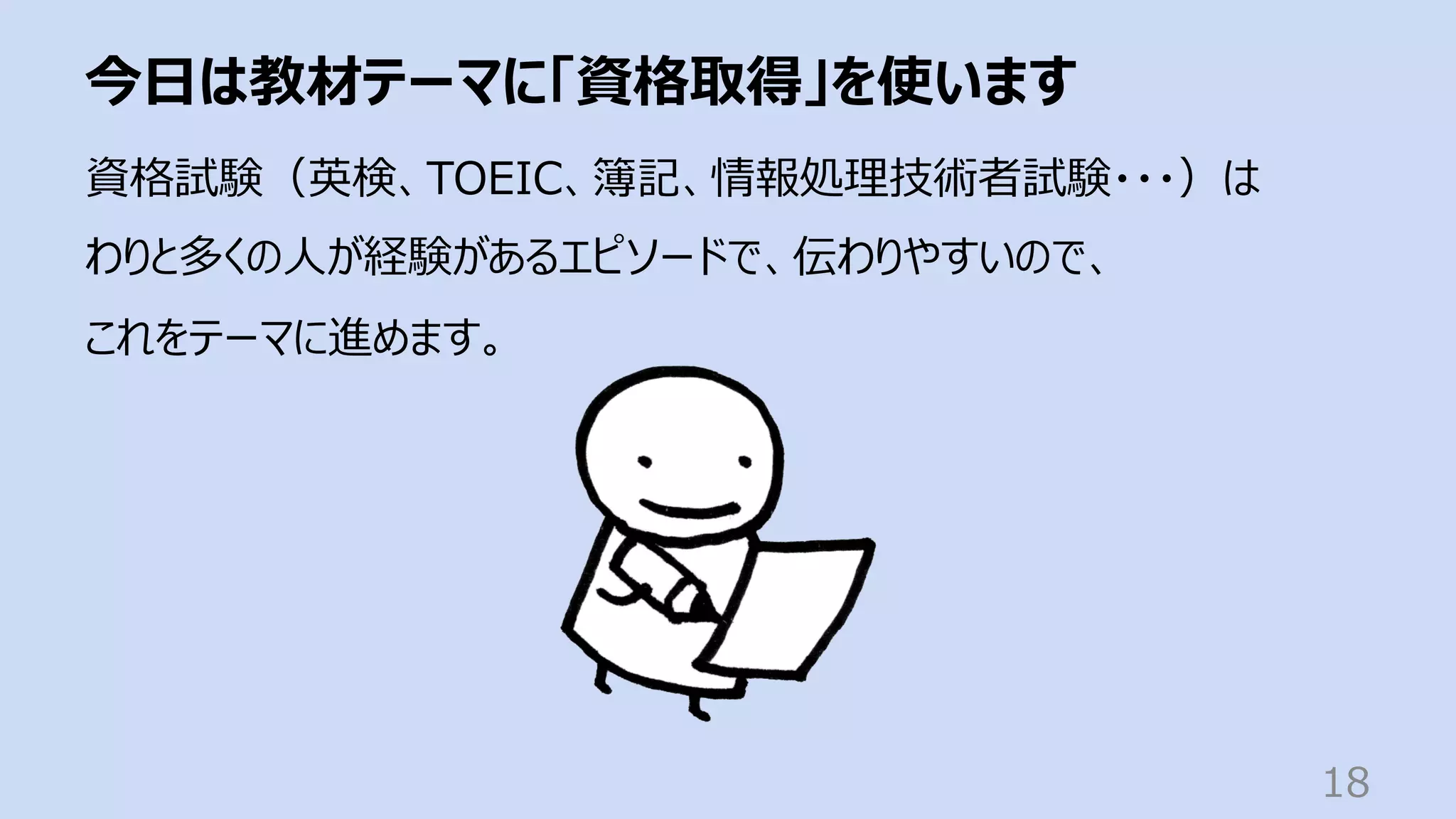 今⽇は教材テーマに「資格取得」を使います
18
資格試験（英検、TOEIC、簿記、情報処理技術者試験・・・）は
わりと多くの⼈が経験があるエピソードで、伝わりやすいので、
これをテーマに進めます。
 