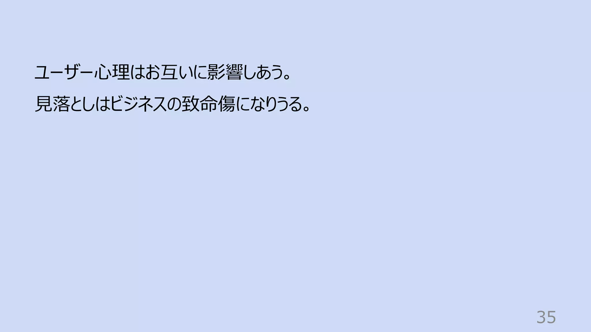 35
ユーザー⼼理はお互いに影響しあう。
⾒落としはビジネスの致命傷になりうる。
 