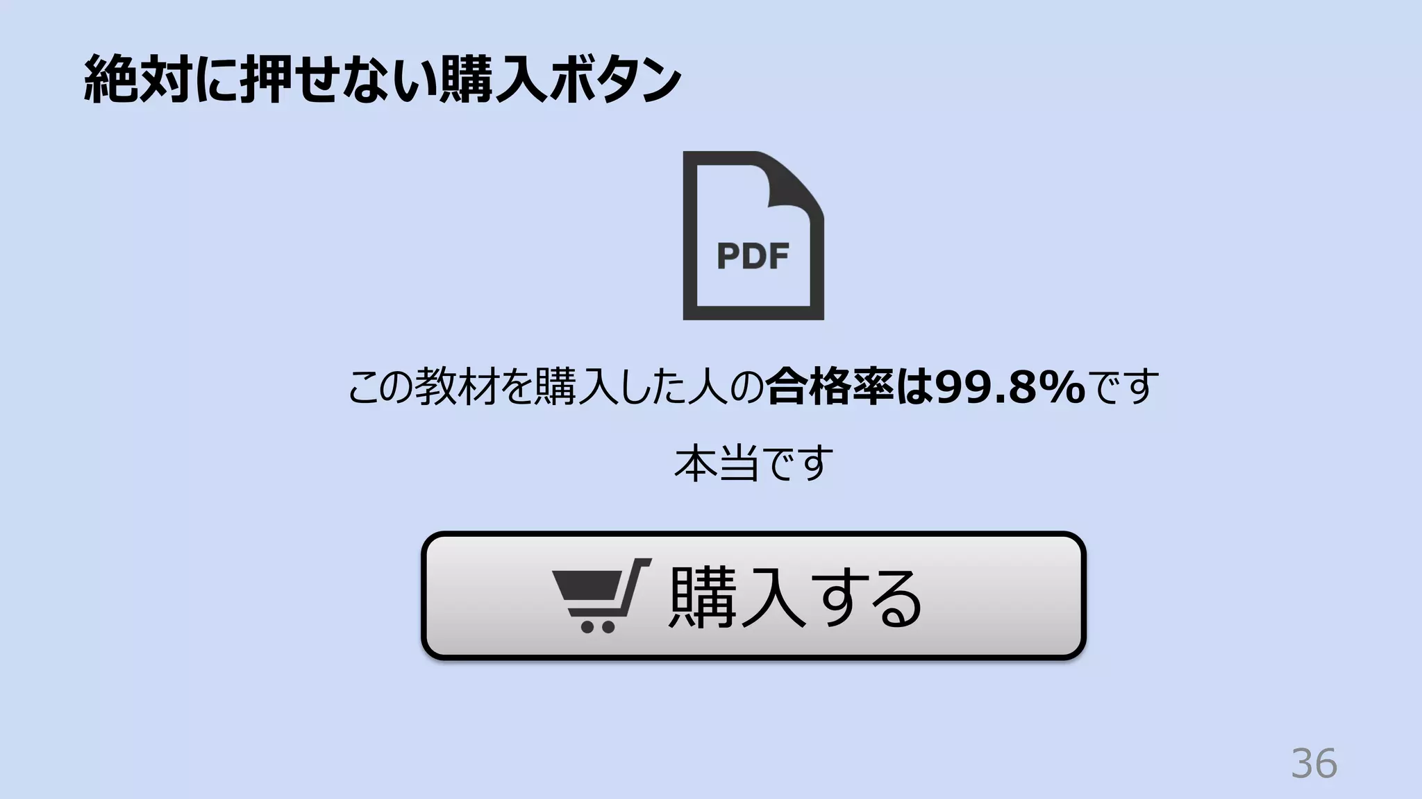 絶対に押せない購⼊ボタン
36
この教材を購⼊した⼈の合格率は99.8%です
本当です
購⼊する
 