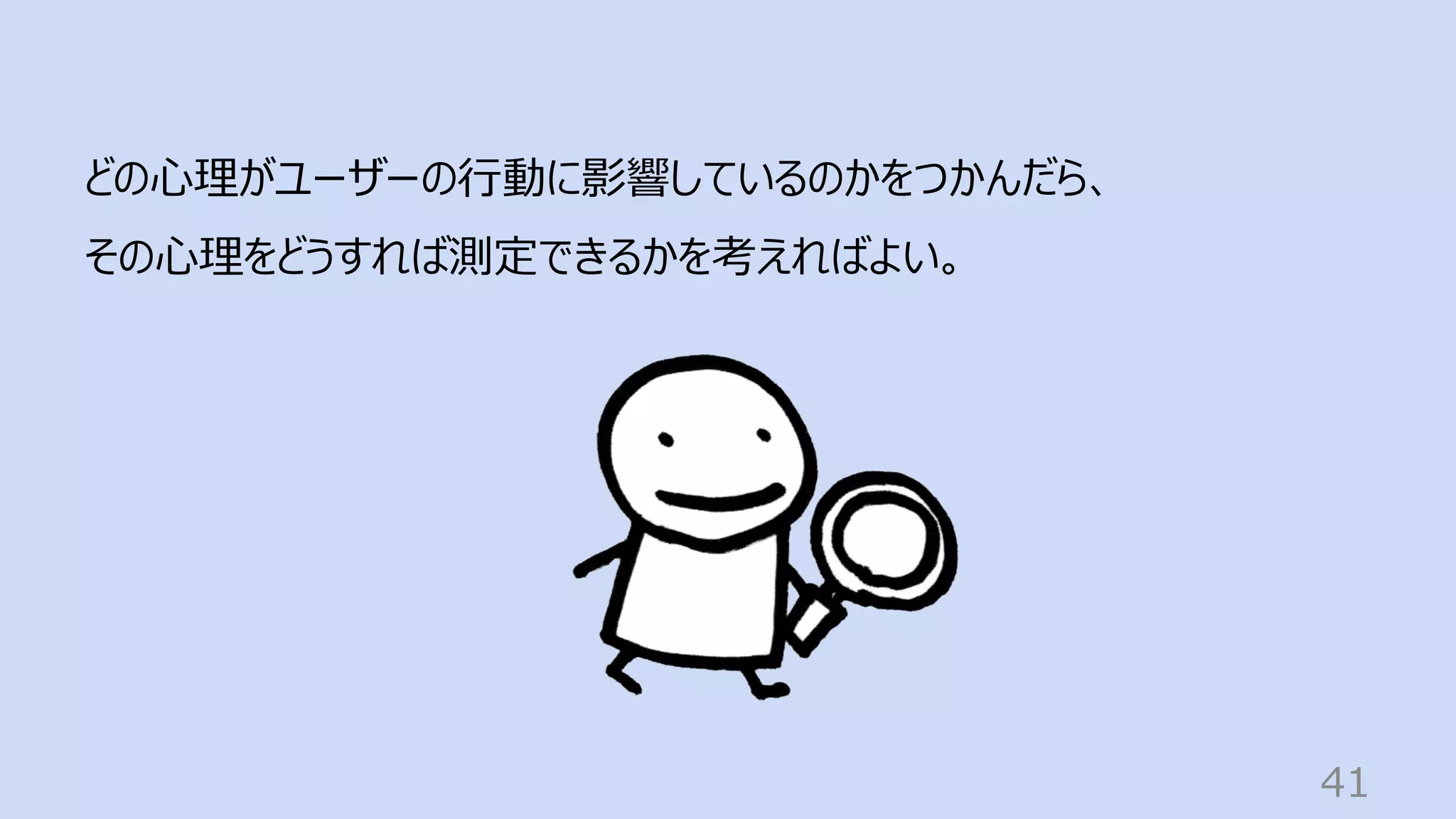 41
どの⼼理がユーザーの⾏動に影響しているのかをつかんだら、
その⼼理をどうすれば測定できるかを考えればよい。
 