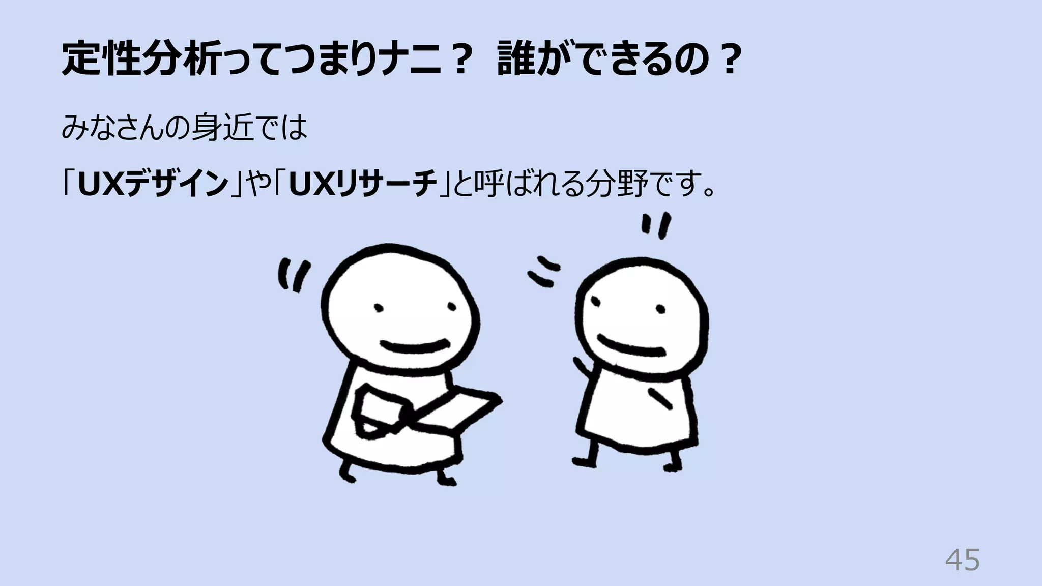定性分析ってつまりナニ︖ 誰ができるの︖
45
みなさんの⾝近では
「UXデザイン」や「UXリサーチ」と呼ばれる分野です。
 