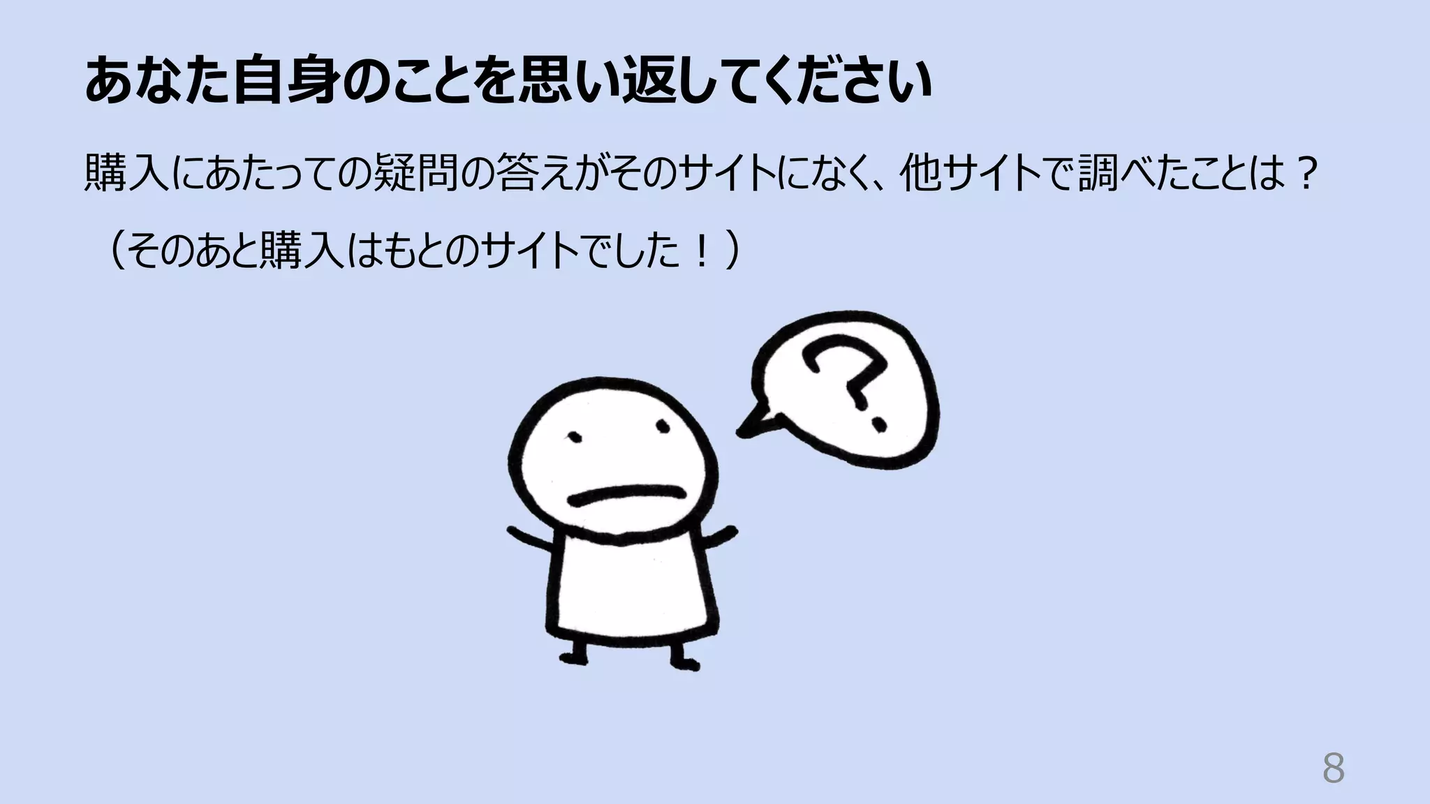 あなた⾃⾝のことを思い返してください
8
購⼊にあたっての疑問の答えがそのサイトになく、他サイトで調べたことは︖
（そのあと購⼊はもとのサイトでした︕）
 