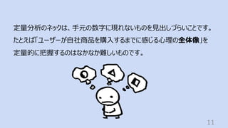 11
定量分析のネックは、⼿元の数字に現れないものを⾒出しづらいことです。
たとえば「ユーザーが⾃社商品を購⼊するまでに感じる⼼理の全体像」を
定量的に把握するのはなかなか難しいものです。
 