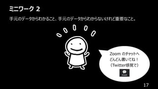 ミニワーク 2
17
⼿元のデータからわかること、⼿元のデータからわからないけれど重要なこと。
Zoom のチャットへ
どんどん書いてね︕
（Twitter感覚で）
 