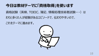 今⽇は教材テーマに「資格取得」を使います
18
資格試験（英検、TOEIC、簿記、情報処理技術者試験・・・）は
わりと多くの⼈が経験があるエピソードで、伝わりやすいので、
これをテーマに進めます。
 