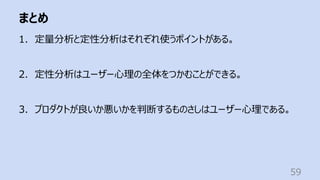 まとめ
59
1. 定量分析と定性分析はそれぞれ使うポイントがある。
2. 定性分析はユーザー⼼理の全体をつかむことができる。
3. プロダクトが良いか悪いかを判断するものさしはユーザー⼼理である。
 