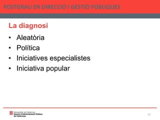 La diagnosi
• Aleatòria
• Política
• Iniciatives especialistes
• Iniciativa popular
POSTGRAU EN DIRECCIÓ I GESTIÓ PÚBLIQUES
22
 