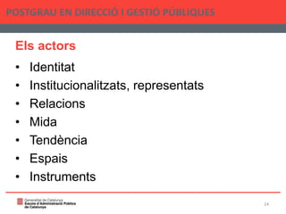 Els actors
• Identitat
• Institucionalitzats, representats
• Relacions
• Mida
• Tendència
• Espais
• Instruments
POSTGRAU EN DIRECCIÓ I GESTIÓ PÚBLIQUES
24
 
