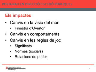 Els impactes
• Canvis en la visió del món
• Finestra d’Overton
• Canvis en comportaments
• Canvis en les regles de joc
• Significats
• Normes (socials)
• Relacions de poder
POSTGRAU EN DIRECCIÓ I GESTIÓ PÚBLIQUES
39
 