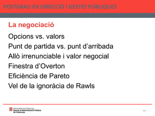 La negociació
Opcions vs. valors
Punt de partida vs. punt d’arribada
Allò irrenunciable i valor negocial
Finestra d’Overton
Eficiència de Pareto
Vel de la ignoràcia de Rawls
POSTGRAU EN DIRECCIÓ I GESTIÓ PÚBLIQUES
45
 