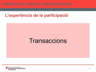 L’experiència de la participació
POSTGRAU EN DIRECCIÓ I GESTIÓ PÚBLIQUES
57
Transaccions
 